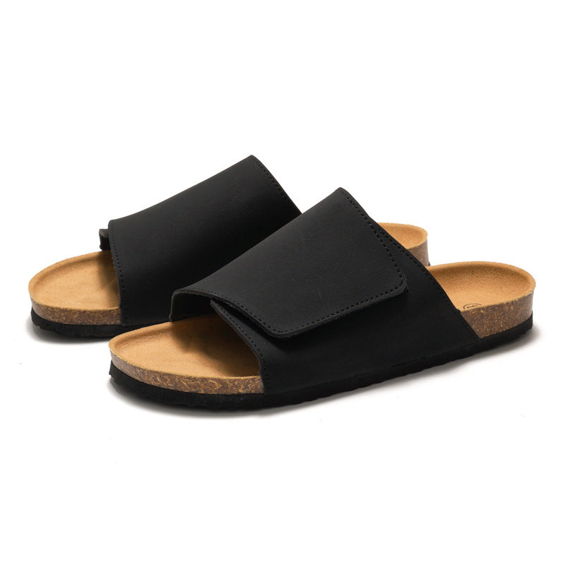 Cork Slide Sandals Black - Adjustable Strap Summer Casual Beach Slippers