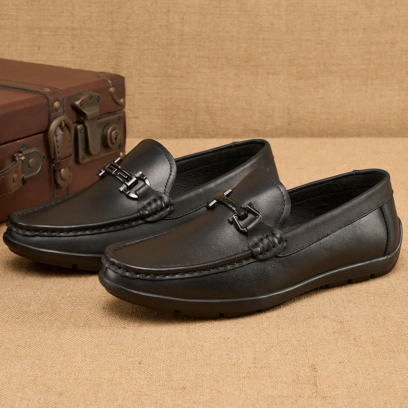 Leather Loafers Black - Metal Buckle Slip On Business Driving Shoes