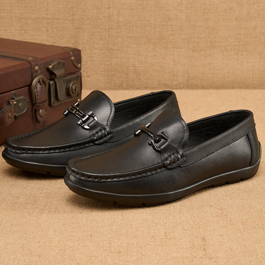 Leather Loafers Black - Metal Buckle Slip On Business Driving Shoes