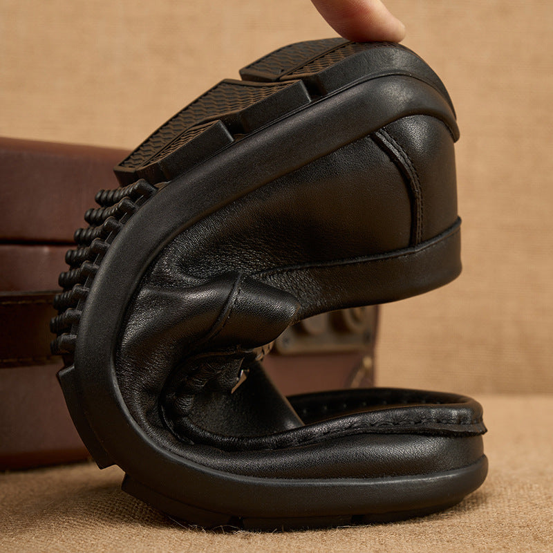 Leather Loafers Black - Metal Buckle Slip On Business Driving Shoes