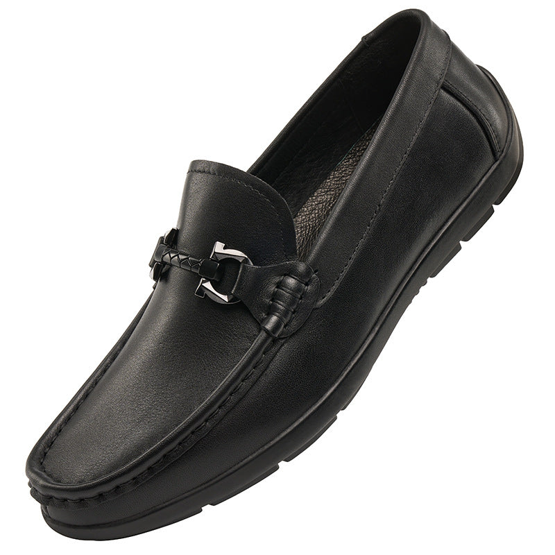 Leather Loafers Black - Metal Buckle Slip On Business Driving Shoes