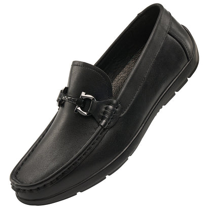 Leather Loafers Black - Metal Buckle Slip On Business Driving Shoes