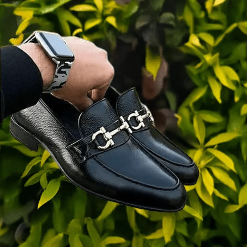 Black Leather Slip-on Loafers for Men Fashion Buckle Shoes
