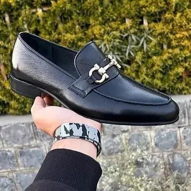 Black Leather Slip-on Loafers for Men Fashion Buckle Shoes