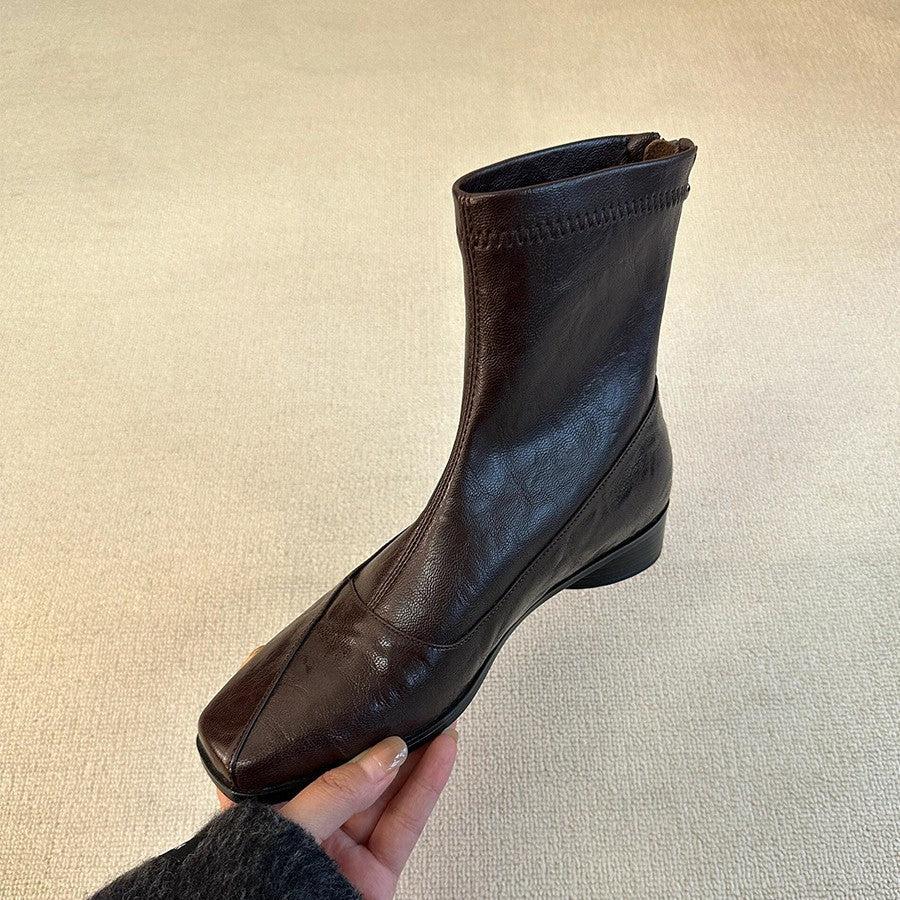Women’s Vintage Square Toe Low Heel Ankle Boots Leather Pull-On Casual Boots