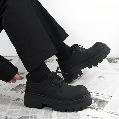Men’s Chunky Platform Derby Shoes Black Matte Leather Lace-Up Streetwear Casual Oxfords