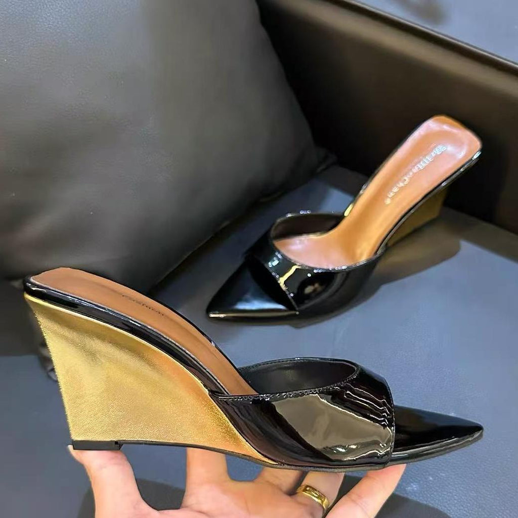 Black Patent Gold Wedge Heel Open Toe Slide Sandals