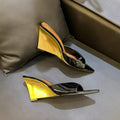 Black Patent Gold Wedge Heel Open Toe Slide Sandals