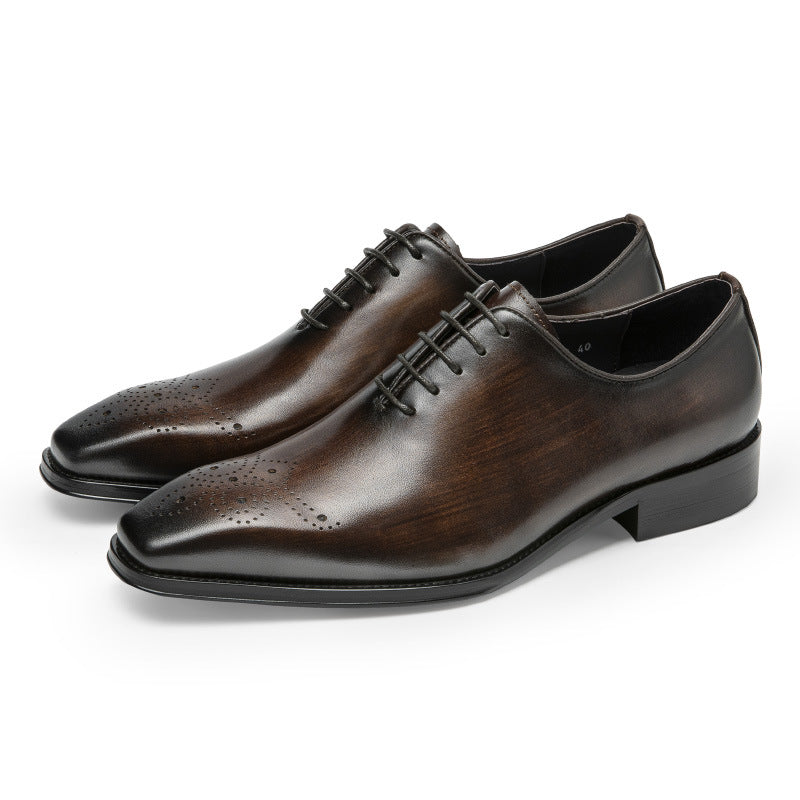 Men’s Brogue Square Toe Oxford Dress Shoes Genuine Leather Lace-Up Formal Business Shoes