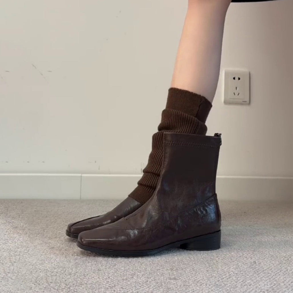 Women’s Vintage Square Toe Low Heel Ankle Boots Leather Pull-On Casual Boots