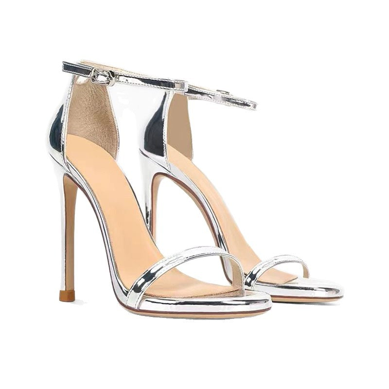 Silver Metallic Ankle Strap Stiletto Heel Sandals