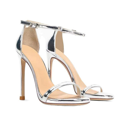 Silver Metallic Ankle Strap Stiletto Heel Sandals