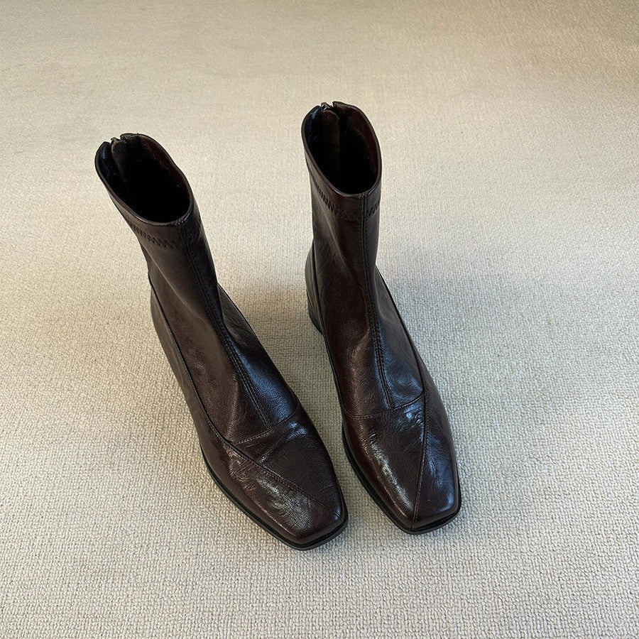 Women’s Vintage Square Toe Low Heel Ankle Boots Leather Pull-On Casual Boots