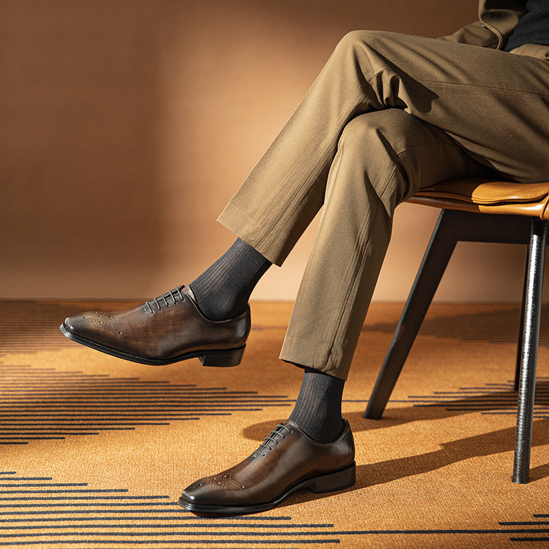Men’s Brogue Square Toe Oxford Dress Shoes Genuine Leather Lace-Up Formal Business Shoes