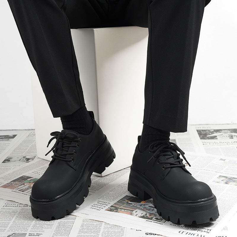 Men’s Chunky Platform Derby Shoes Black Matte Leather Lace-Up Streetwear Casual Oxfords