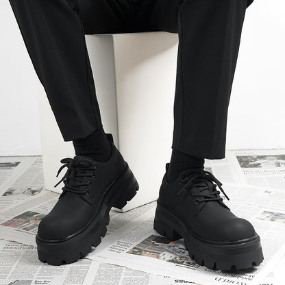Men’s Chunky Platform Derby Shoes Black Matte Leather Lace-Up Streetwear Casual Oxfords