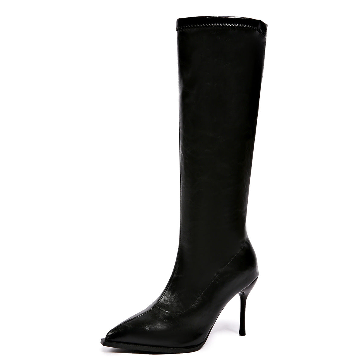 Black Pointed Toe Stiletto Knee High Leather