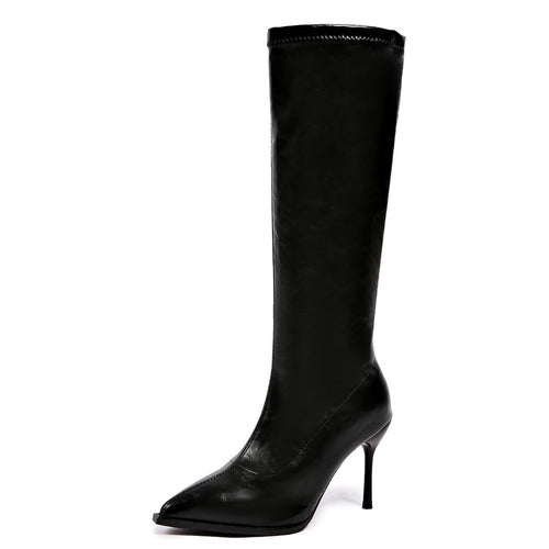 Black Pointed Toe Stiletto Knee High Leather