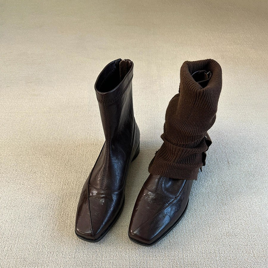 Women’s Vintage Square Toe Low Heel Ankle Boots Leather Pull-On Casual Boots
