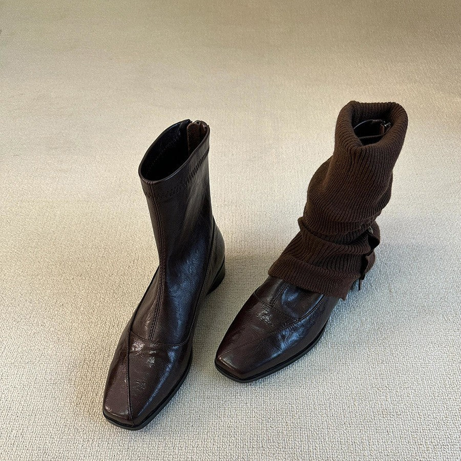 Women’s Vintage Square Toe Low Heel Ankle Boots Leather Pull-On Casual Boots