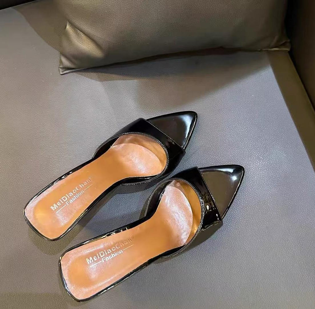 Black Patent Gold Wedge Heel Open Toe Slide Sandals