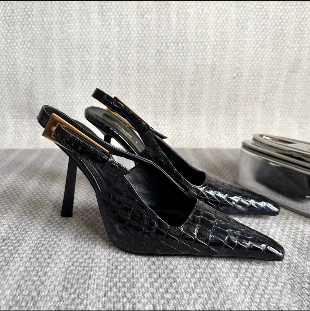 Black Croc-Embossed Pointed-Toe Slingback Stiletto Heels