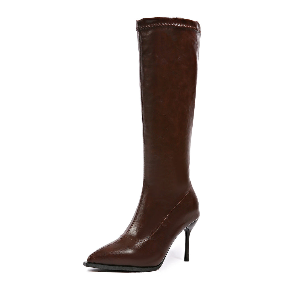 Black Pointed Toe Stiletto Knee High Leather