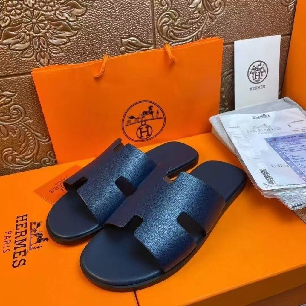 Hermes Inspired Black Leather Slippers, Classic H-shaped Hollow Flat Mule, Summer Women's Slip-on Slippers, Cas