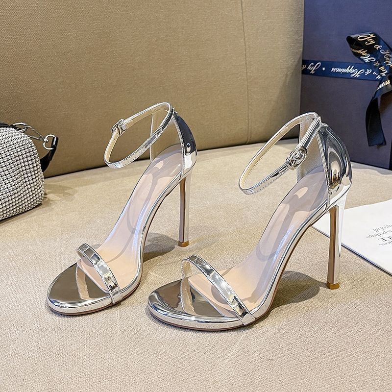 Silver Metallic Ankle Strap Stiletto Heel Sandals