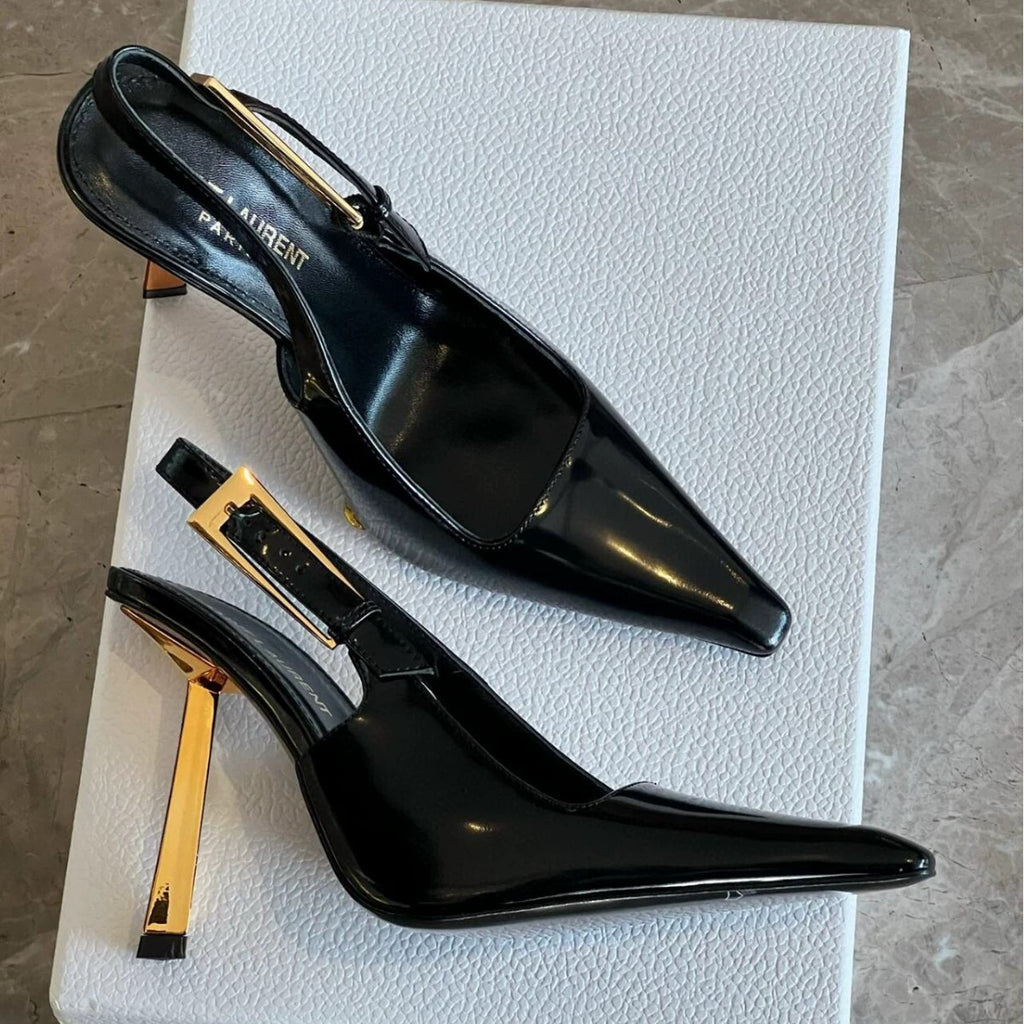 Black Croc-Embossed Pointed-Toe Slingback Stiletto Heels