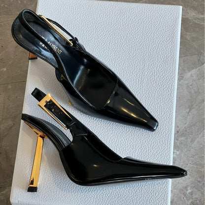 Black Croc-Embossed Pointed-Toe Slingback Stiletto Heels