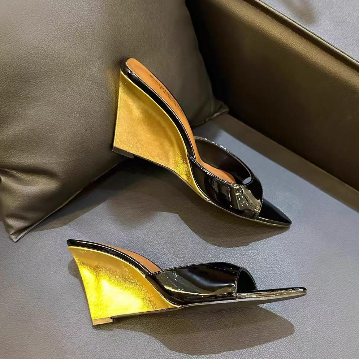 Black Patent Gold Wedge Heel Open Toe Slide Sandals
