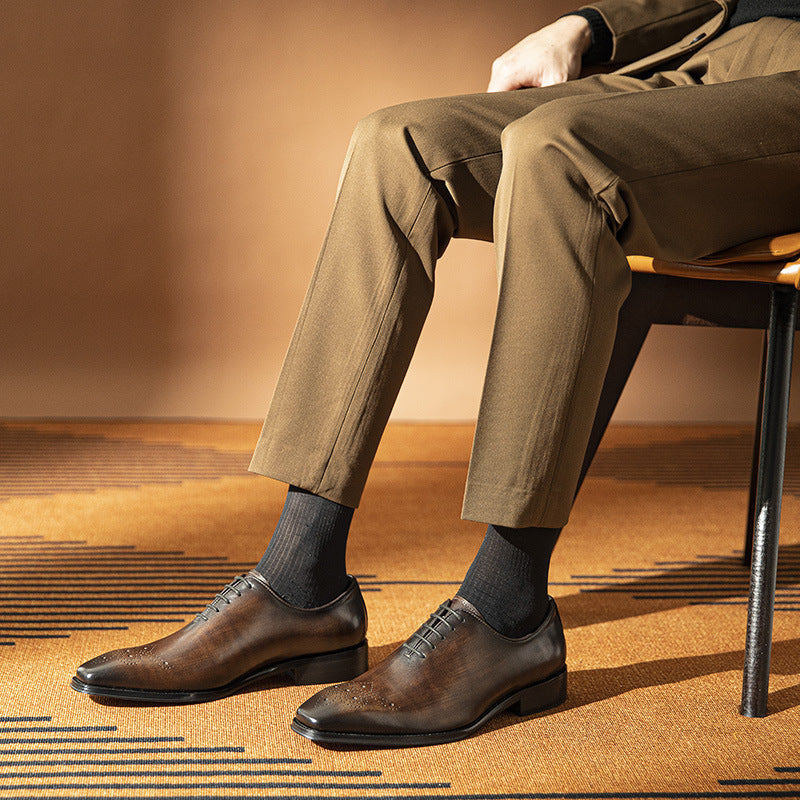 Men’s Brogue Square Toe Oxford Dress Shoes Genuine Leather Lace-Up Formal Business Shoes