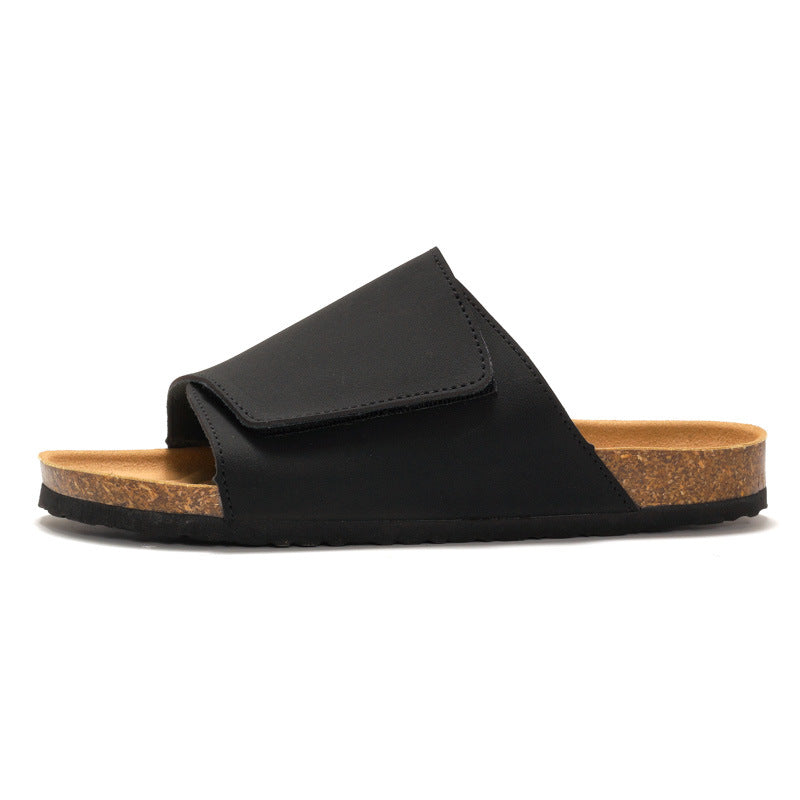 Cork Slide Sandals Black - Adjustable Strap Summer Casual Beach Slippers