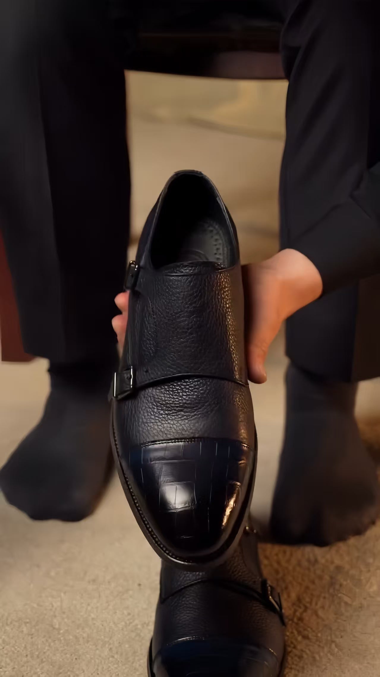 Men's Black & Navy Two-tone Monk Strap Shoes - Leather Formal Dress Shoes