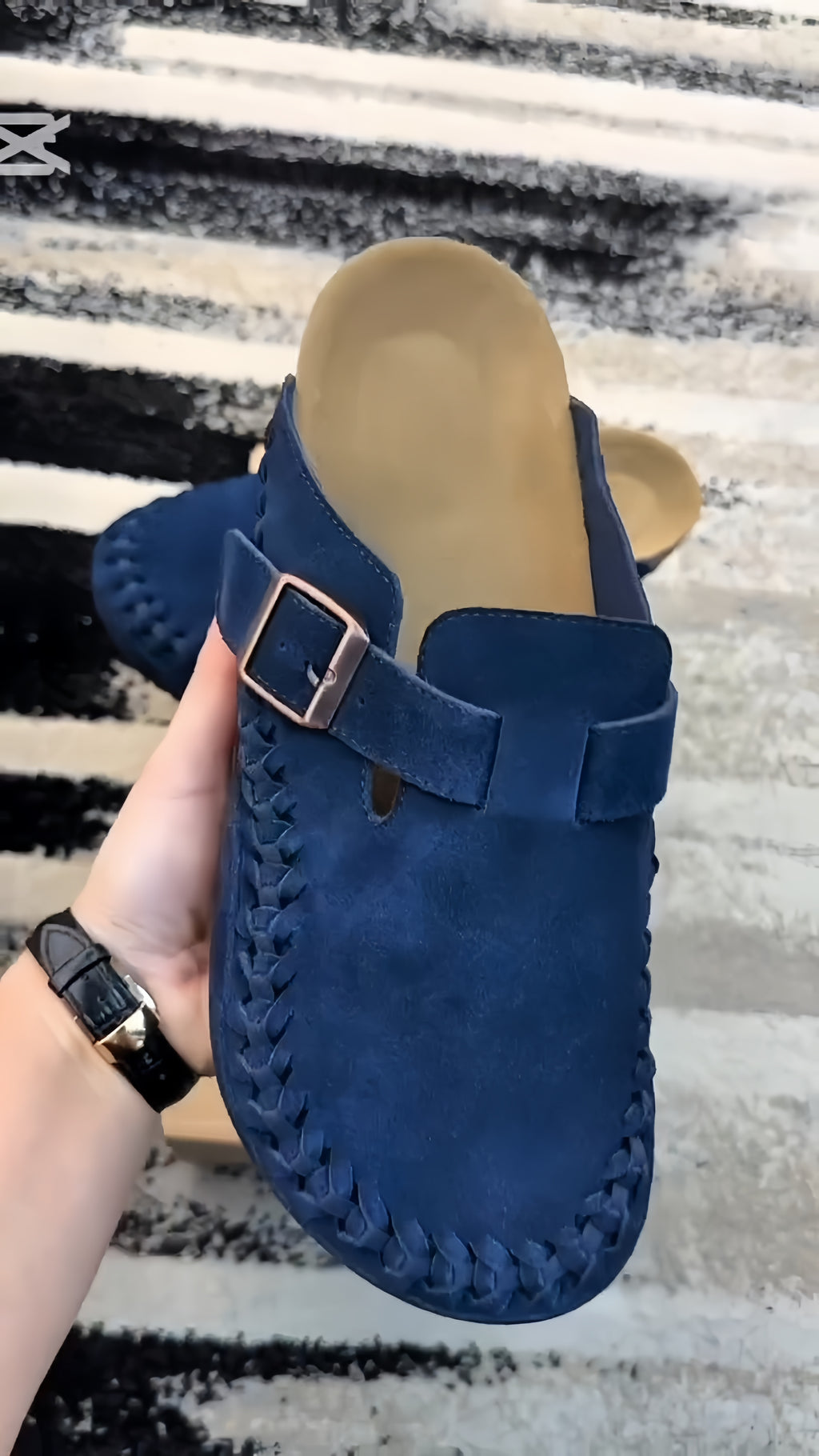 Verdancer Men’s Suede Braided Strap Buckle Mules, Blue Open-Toe Casual Slip-On Clogs