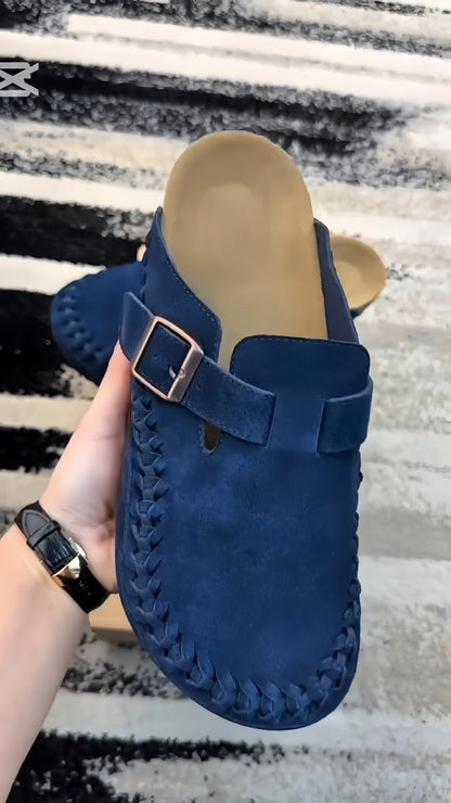 Verdancer Men’s Suede Braided Strap Buckle Mules, Blue Open-Toe Casual Slip-On Clogs