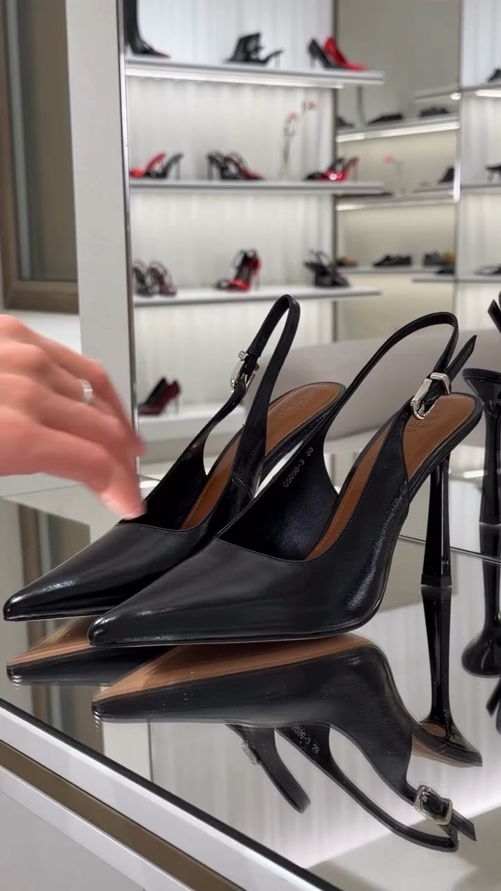 Pointed Toe Slingback Heels, Stiletto Leather Slingback Pumps, Elegant Kitten Heel Party Shoes, Classic Office Footwear
