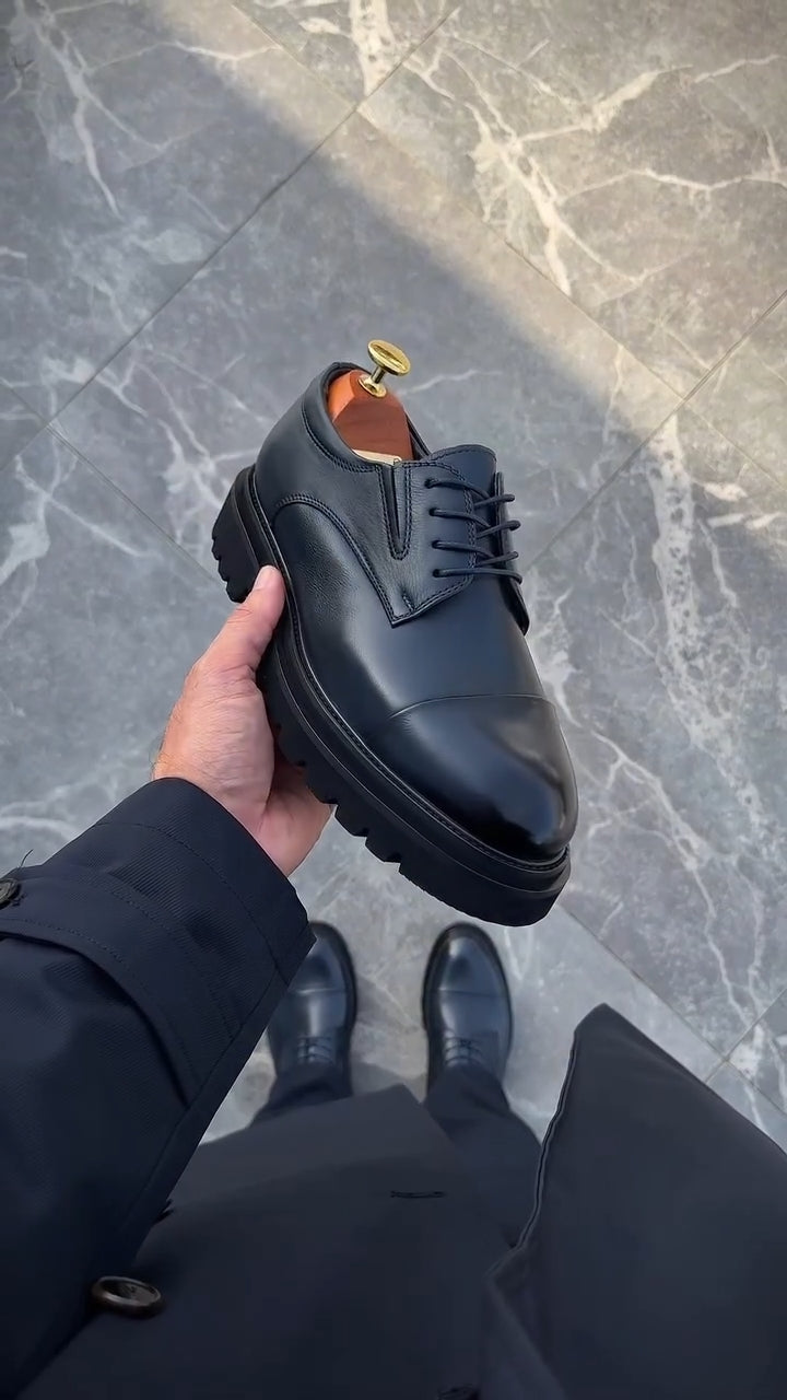 Men's Black Leather Cap-Toe Derby Shoes Thick Sole Business Casual Oxfords
