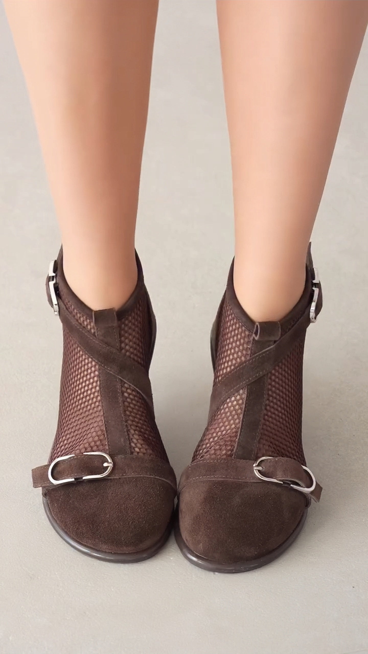 Retro Suede Mesh Buckle Ankle Boots, Breathable Cutout Booties For Women