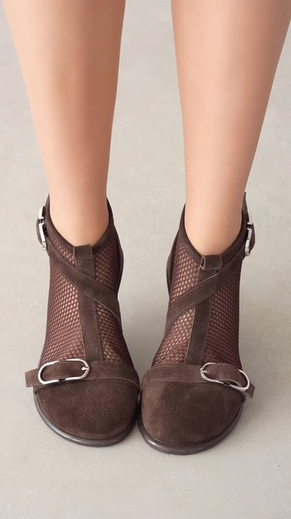 Retro Suede Mesh Buckle Ankle Boots, Breathable Cutout Booties For Women