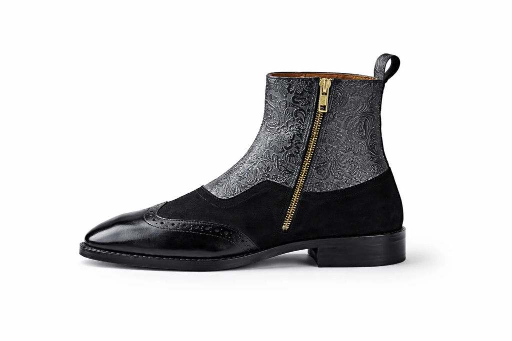 Men's Two-Tone Brogue Wingtip Embossed Leather Side Zip Ankle Boots