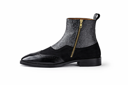 Men's Two-Tone Brogue Wingtip Embossed Leather Side Zip Ankle Boots
