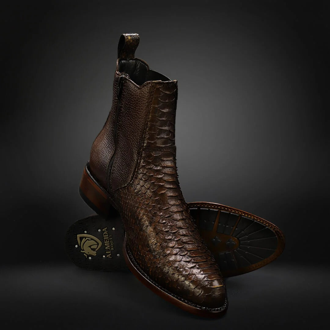 Men's Snake-Print Leather Chelsea Ankle Boots