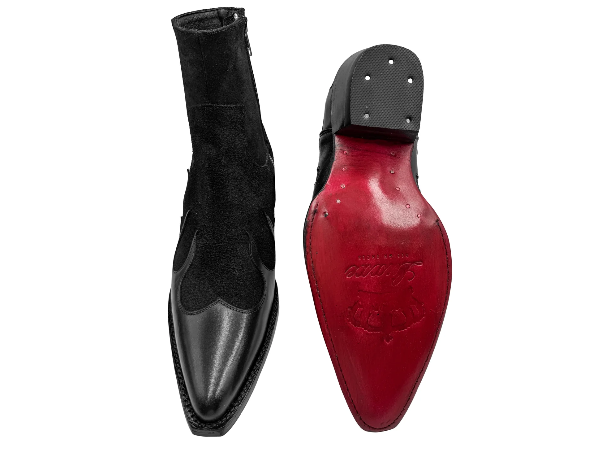Men's Velvet Patchwork Suede Pointed Side Red Bottom Boots