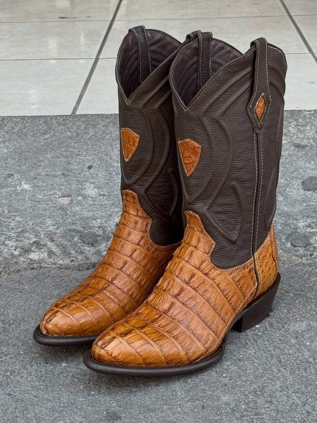 Men's Two Tone Brown Black Crocodile Leather Tall Western Cowboy Boots, Embroidered Mid Calf Exotic Boots