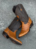 Men's Two Tone Brown Black Crocodile Leather Tall Western Cowboy Boots, Embroidered Mid Calf Exotic Boots