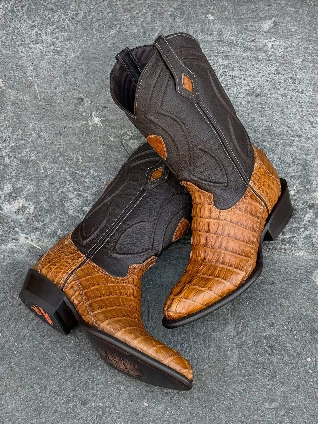 Men's Two Tone Brown Black Crocodile Leather Tall Western Cowboy Boots, Embroidered Mid Calf Exotic Boots