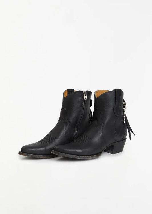Vintage Distressed Western Cowboy Boots Men Pointed Toe Fringe Metal Chain Ankle Boots
