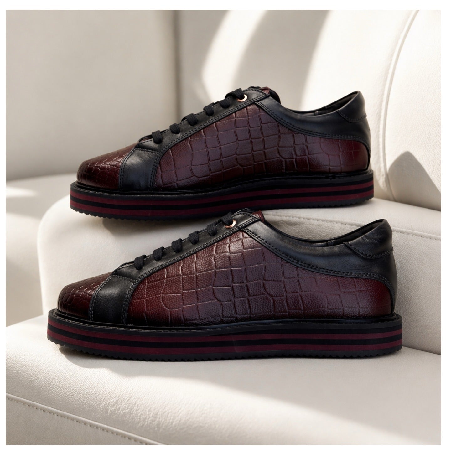 Platform Casual Sneakers Men Croc Texture Leather Lace Up Skateboarding Shoes